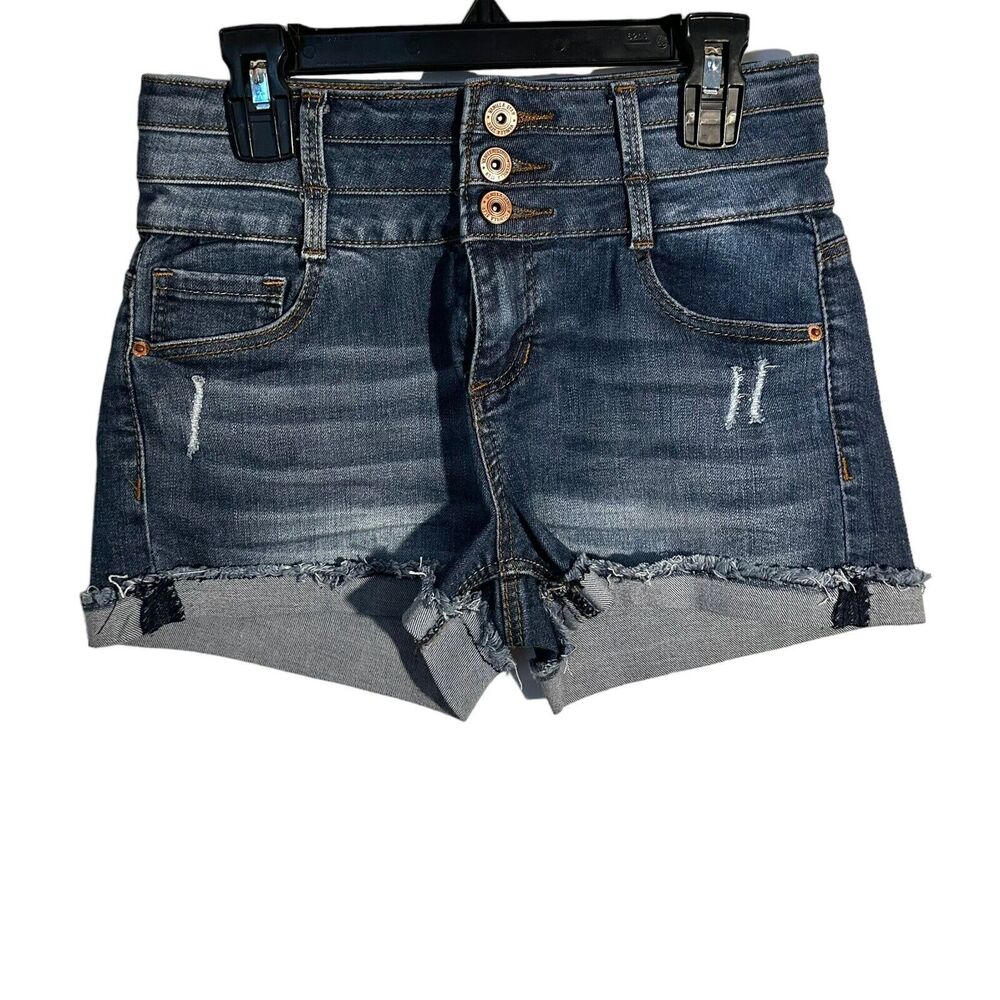 Vanilla Star Juniors Size 1 High Rise Shortie Denim Jean Shorts Blue Distressed